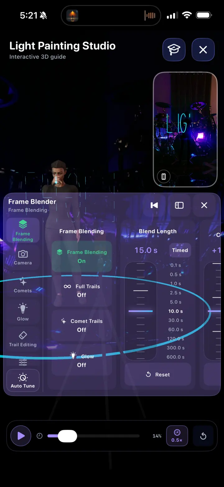 Frame Blender settings opened over the interactive guide