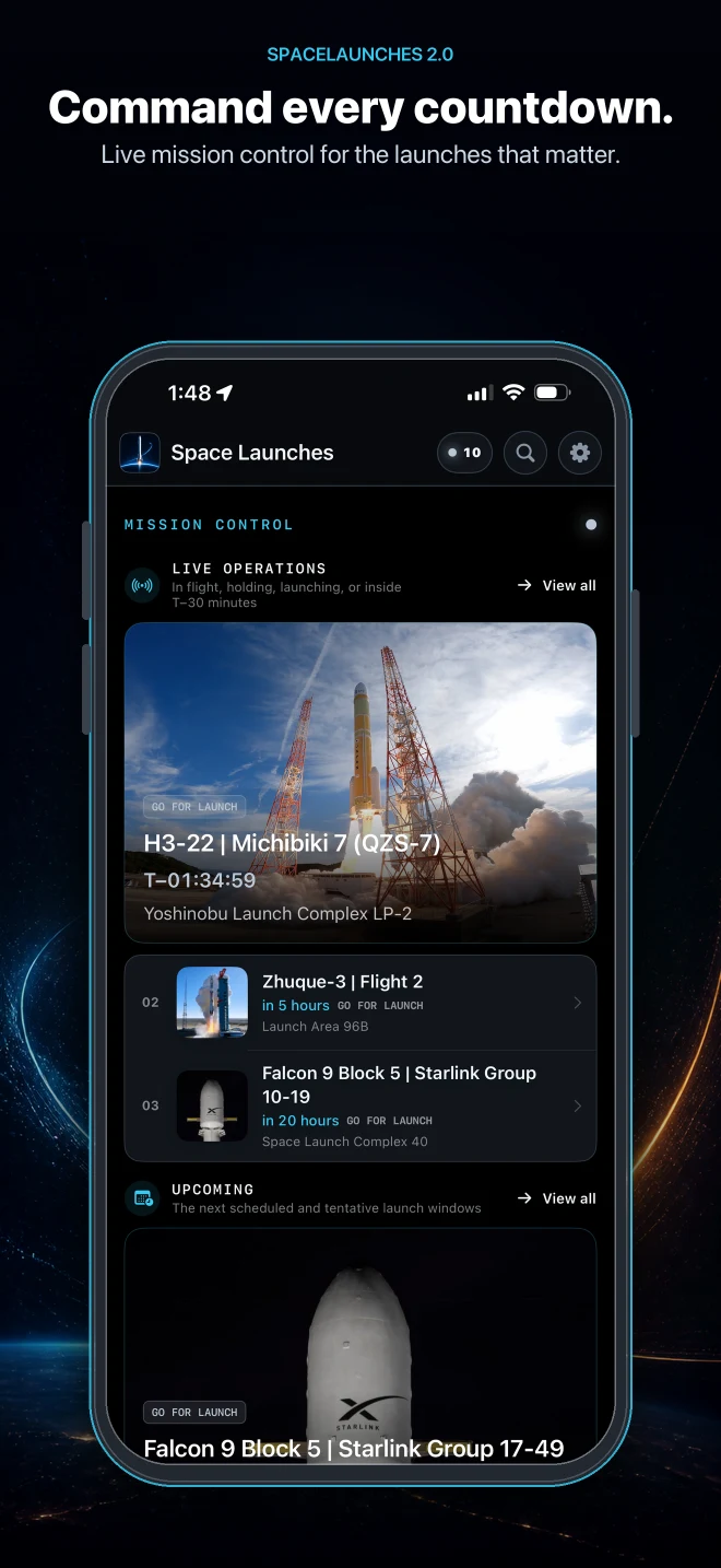 SpaceLaunches 2.0 mission countdown on iPhone