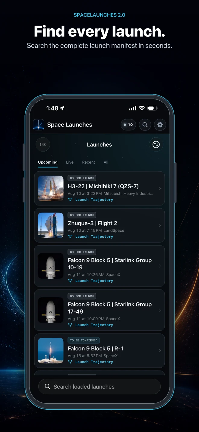 SpaceLaunches 2.0 launch search on iPhone