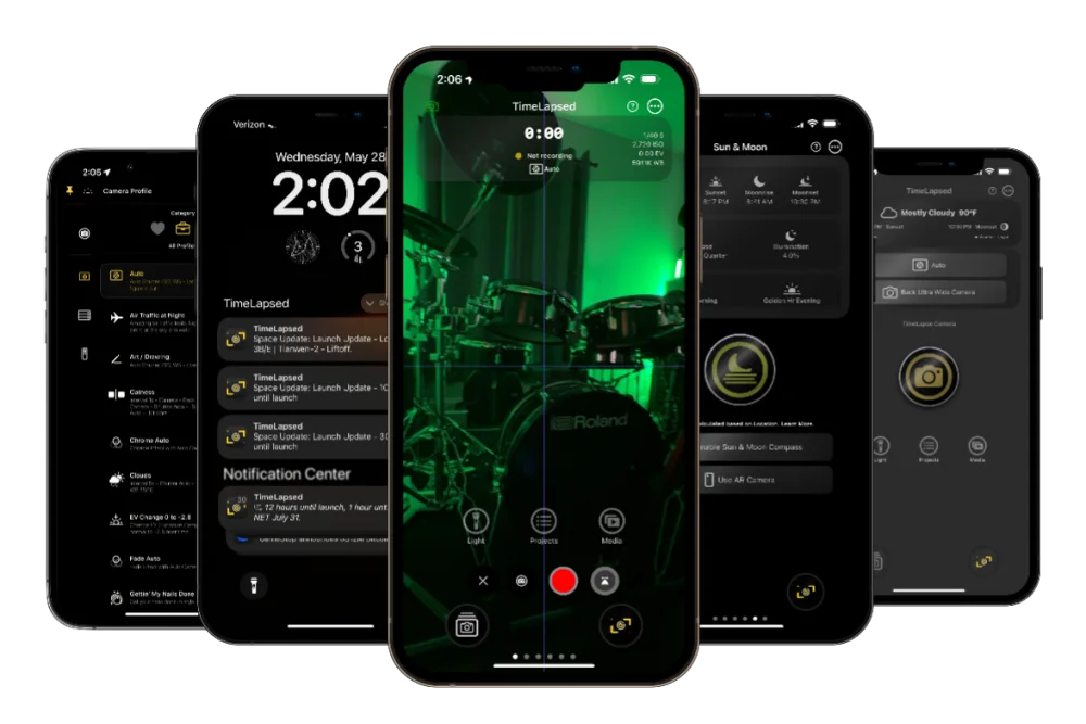 TimeLapsed 2.0 camera, planning, notification, and weather screens