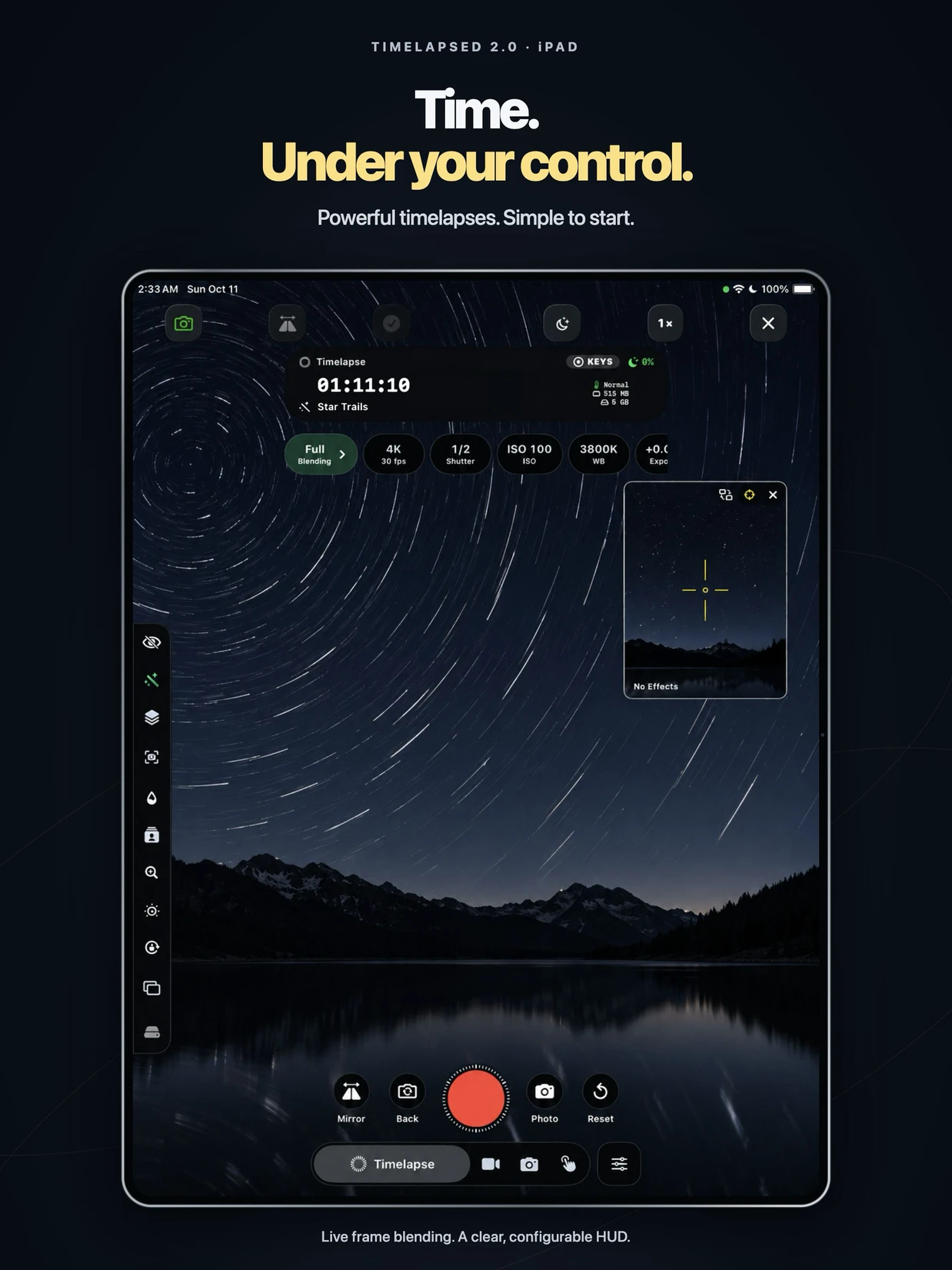 TimeLapsed star-trail capture on a silver-framed iPad, with the camera HUD and unprocessed inset visible