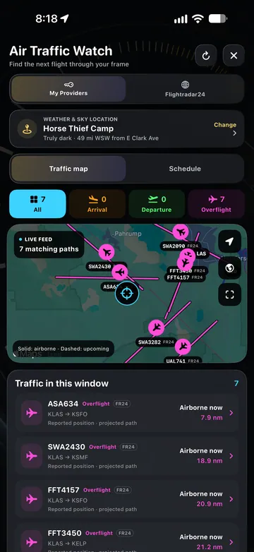 TimeLapsed Air Traffic Watch with nearby flights and a map