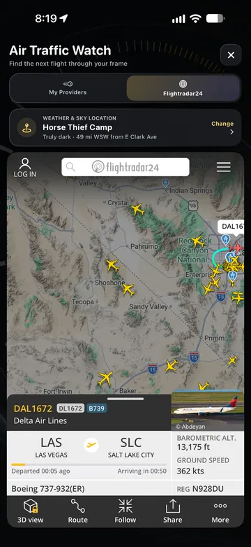 TimeLapsed FlightRadar24 aircraft details in Air Traffic Watch