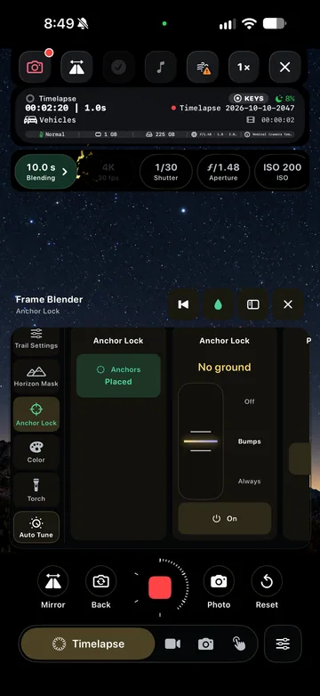 TimeLapsed Anchor Lock controls during capture, with an illustrated scene beneath the captured camera controls