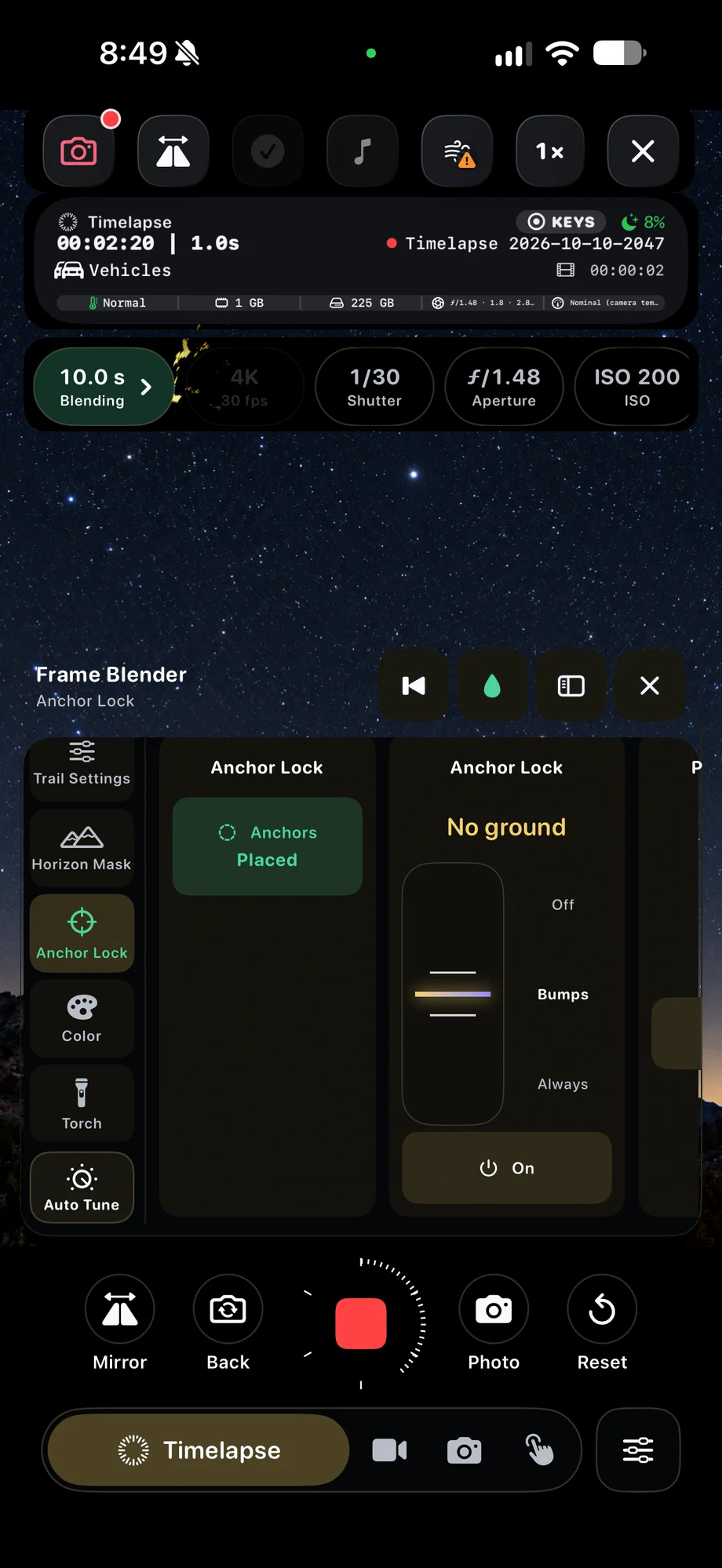 TimeLapsed Anchor Lock controls during capture, with an illustrated scene beneath the captured camera controls