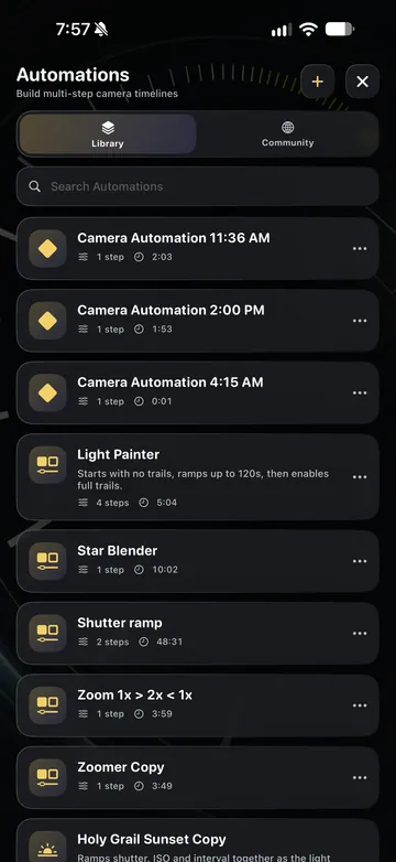 TimeLapsed Built-in and saved camera automations