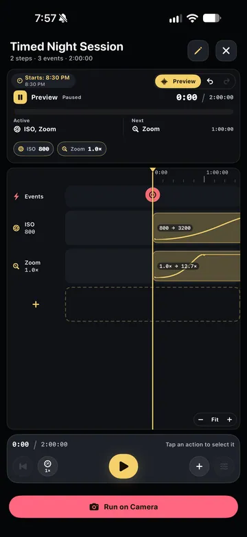 TimeLapsed Timed Night Session on the Camera Actions timeline