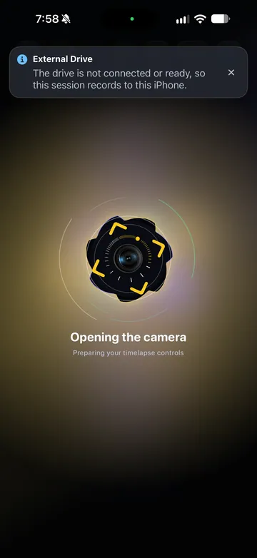 TimeLapsed External-drive connection notice during camera setup