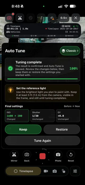 TimeLapsed Exposure tuning controls