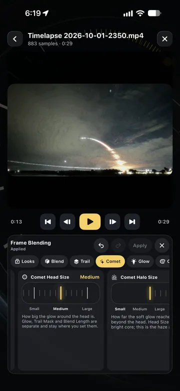 TimeLapsed Comet head size, mask and glow