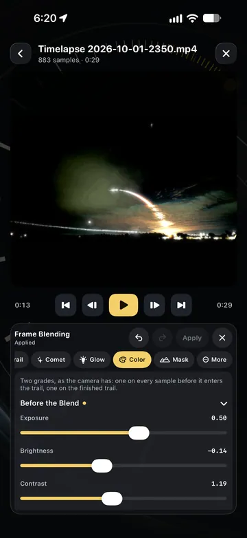 TimeLapsed Color and exposure adjustments before blending