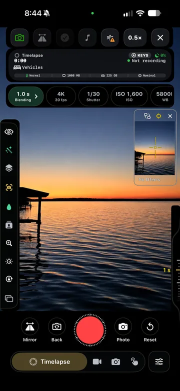 TimeLapsed Camera Control adjustment over the live view, with an illustrated scene beneath the captured camera controls