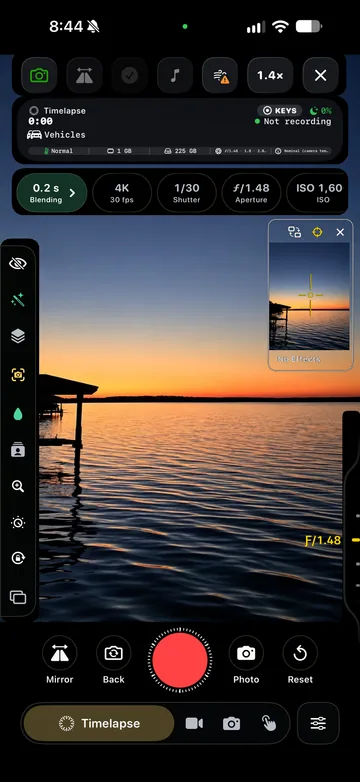 TimeLapsed Aperture adjustment from Camera Control, with an illustrated scene beneath the captured camera controls