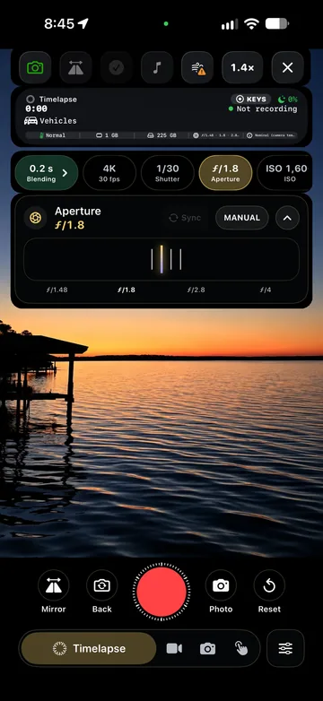 TimeLapsed Manual aperture control on a supported camera, with an illustrated scene beneath the captured camera controls