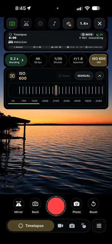 TimeLapsed ISO controls and capture settings, with an illustrated scene beneath the captured camera controls