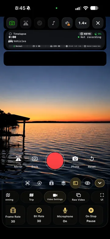 TimeLapsed Recording controls, frame rate and pause, with an illustrated scene beneath the captured camera controls