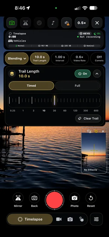 TimeLapsed Trail length adjustment during capture, with an illustrated scene beneath the captured camera controls