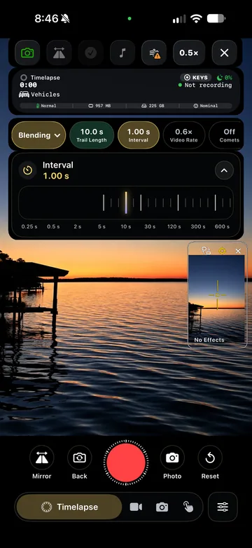 TimeLapsed Capture interval adjustment, with an illustrated scene beneath the captured camera controls