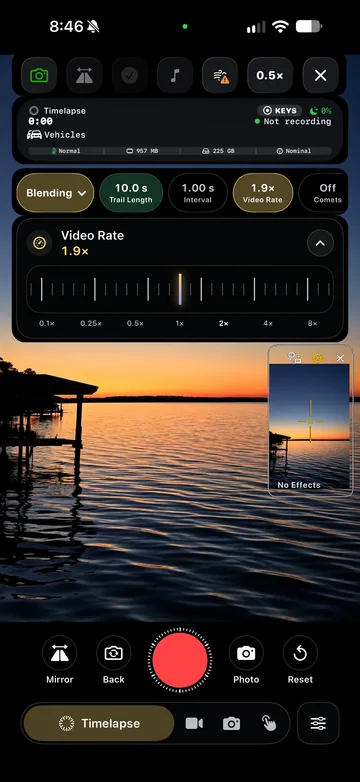 TimeLapsed Video rate controls, with an illustrated scene beneath the captured camera controls