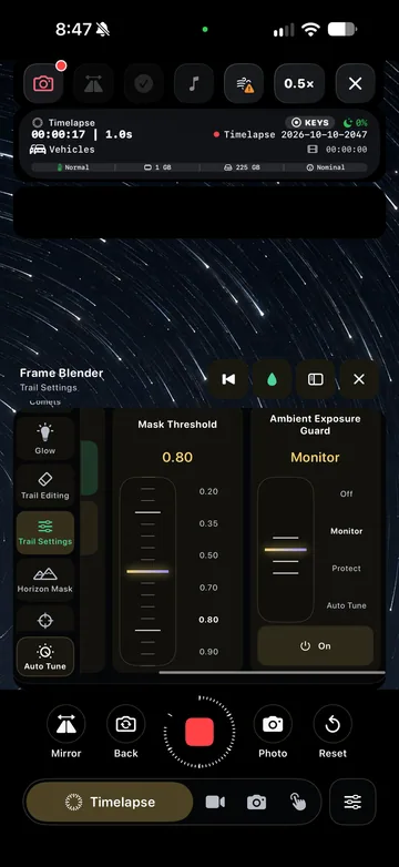 TimeLapsed Threshold controls for the blended image, with an illustrated scene beneath the captured camera controls
