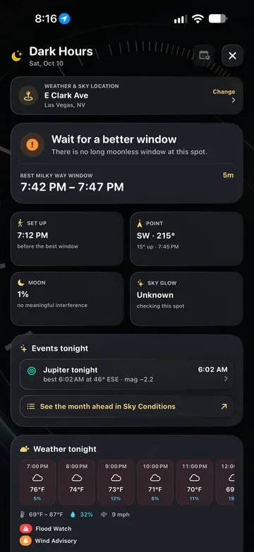 TimeLapsed Dark Hours with the next useful night window
