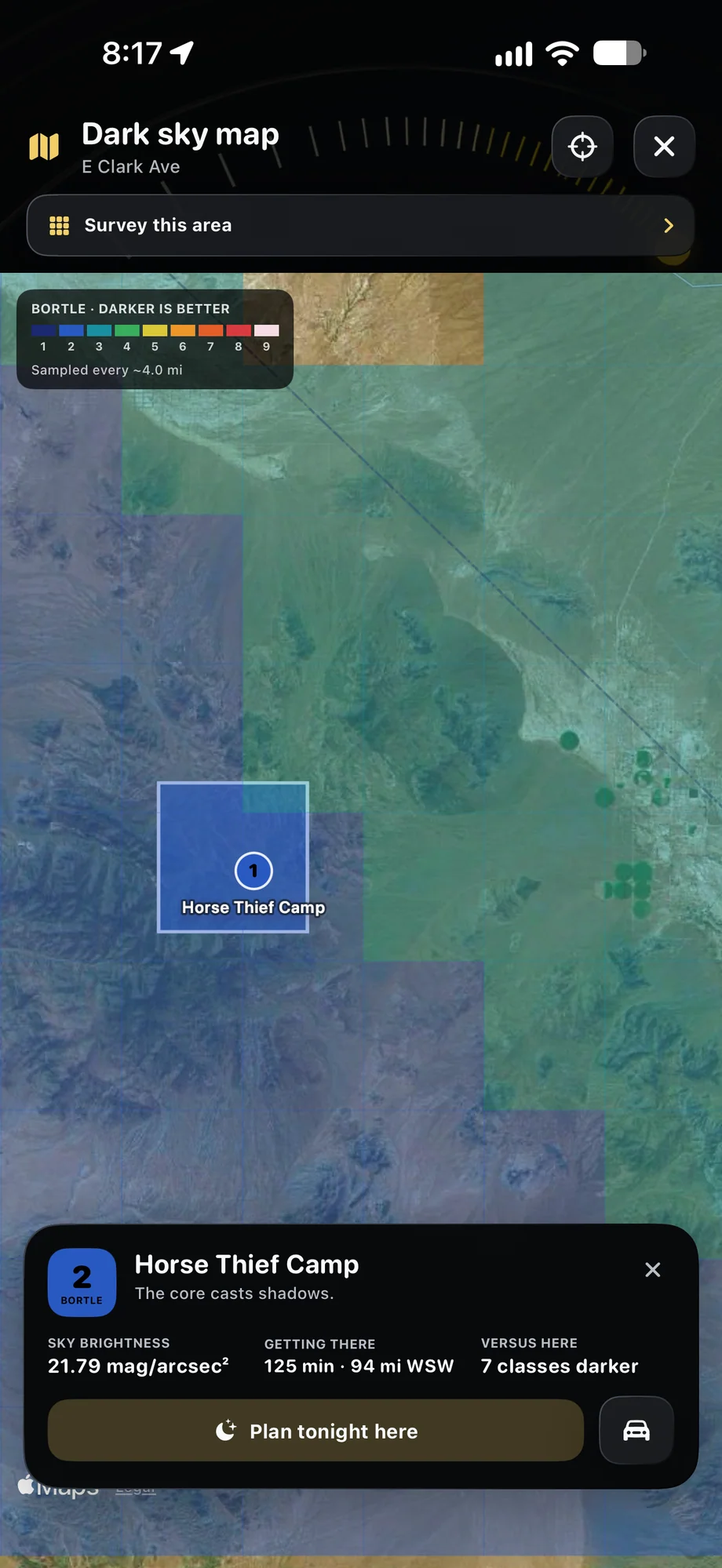 TimeLapsed Light-pollution map and a location details panel