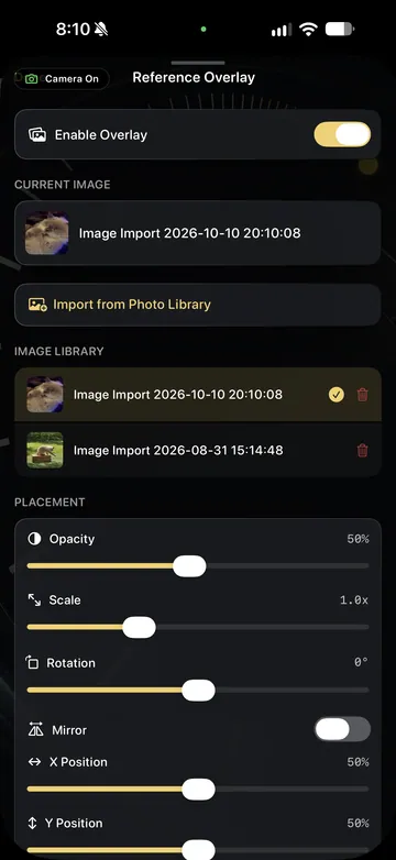 TimeLapsed Reference image placement, opacity and scale controls
