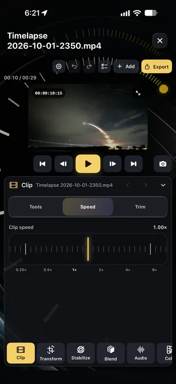 TimeLapsed Clip speed and timeline controls