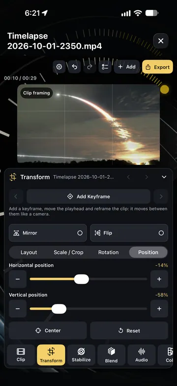 TimeLapsed Transform and framing controls