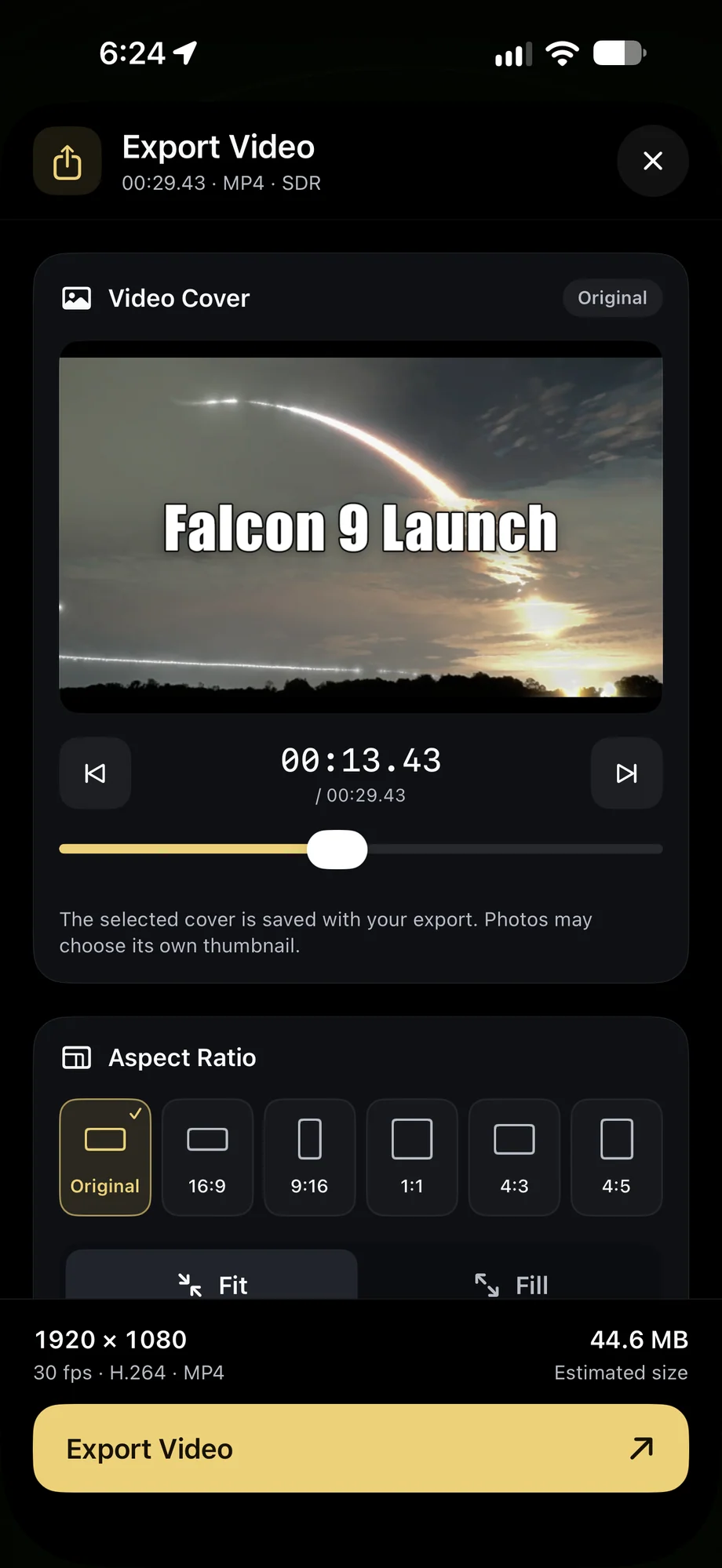TimeLapsed Video cover and export aspect ratios
