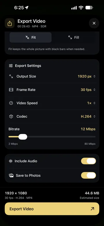 TimeLapsed Resolution, frame rate, bitrate and audio options
