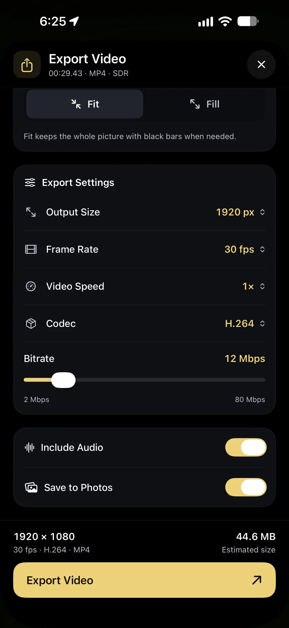 TimeLapsed Resolution, frame rate, bitrate and audio options