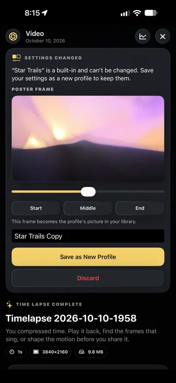 TimeLapsed Save a profile from a capture setup