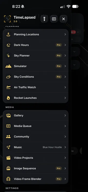 TimeLapsed Community and media tools in app navigation