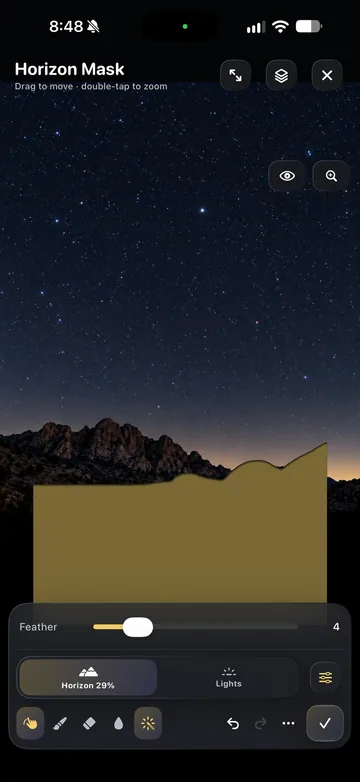 TimeLapsed Draw the horizon boundary and adjust feathering, with an illustrated scene beneath the captured camera controls
