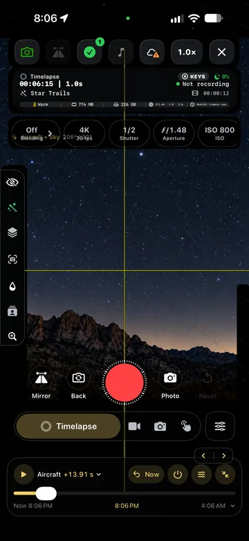 TimeLapsed Aircraft direction over the camera view, with an illustrated scene beneath the captured camera controls