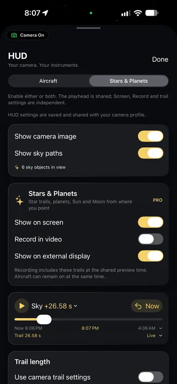 TimeLapsed Sky HUD options for screen, recording and external display