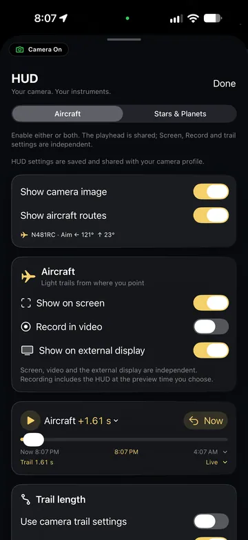 TimeLapsed Aircraft HUD and external-display choices