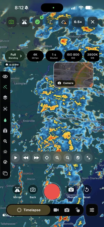 TimeLapsed Camera view with a full-screen weather layer