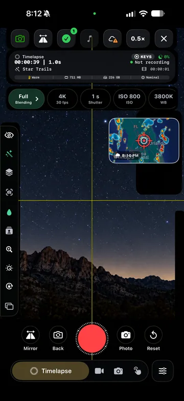 TimeLapsed A movable weather inset beside the camera view, with an illustrated scene beneath the captured camera controls