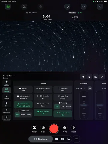 TimeLapsed The Frame Blender control panel on iPad, with an illustrated scene beneath the captured camera controls