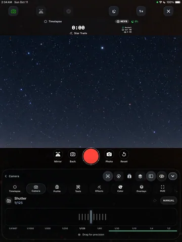 TimeLapsed Camera controls on iPad, with an illustrated scene beneath the captured camera controls