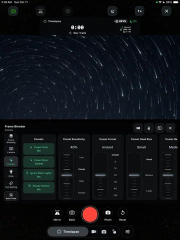 TimeLapsed Comet and star-trail controls on iPad, with an illustrated scene beneath the captured camera controls