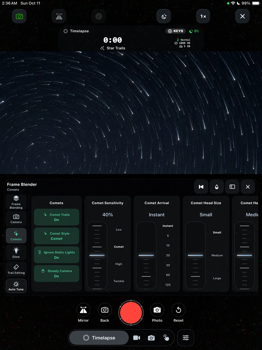 TimeLapsed Comet and star-trail controls on iPad, with an illustrated scene beneath the captured camera controls