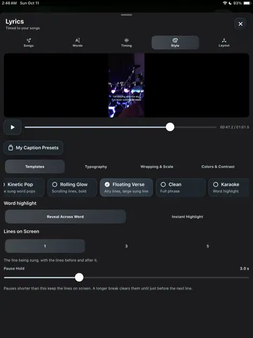 TimeLapsed Lyrics and caption choices in a video project