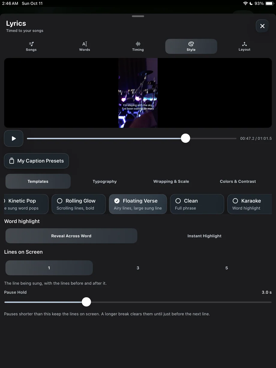 TimeLapsed Lyrics and caption choices in a video project