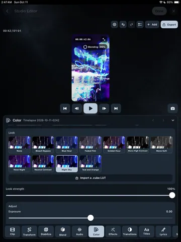 TimeLapsed Color controls and LUT choices on iPad