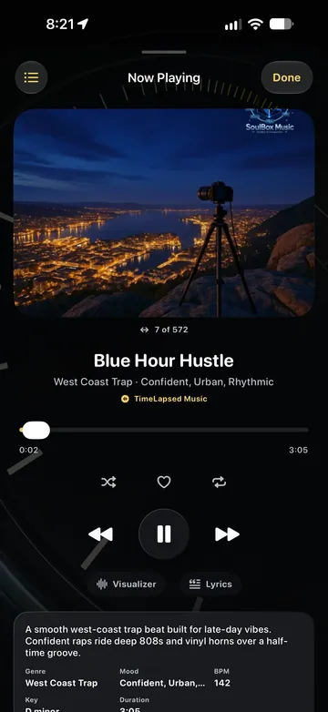 TimeLapsed Now Playing with track artwork and controls