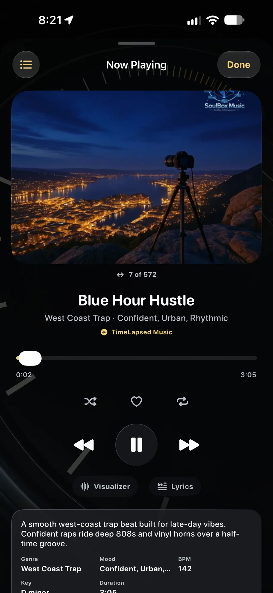 TimeLapsed Now Playing with track artwork and controls