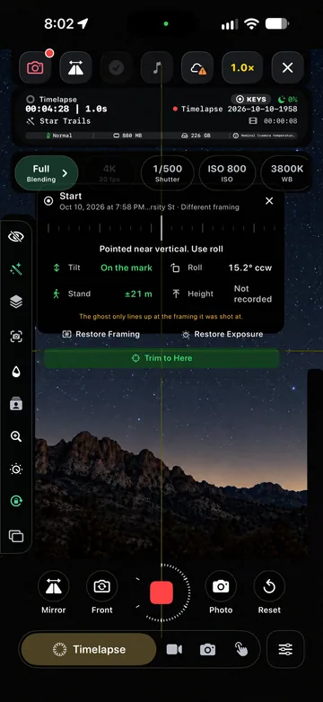 TimeLapsed Saved-position guidance for returning to the frame, with an illustrated scene beneath the captured camera controls